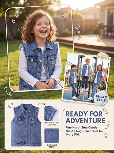 Image of Kids Biker Denim Vest Western Motorcycle Jean Jacket for Boys Girls 3-14Y