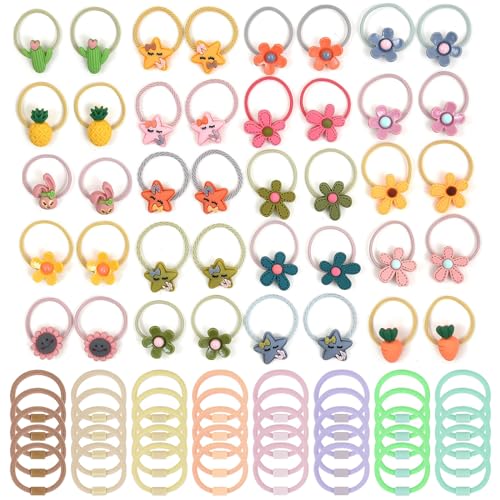 Image of 120 PCS Hair Ties for Girls, Hair Ties with Flowers Elastic Rubber Bands Colorful Hair Accessories Ponytail Holders for Kids Toddlers Little Girls