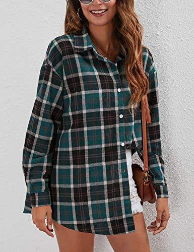 Image of HangNiFang Womens Flannel Plaid Shirts Oversized Button Shirts Blouse Tops