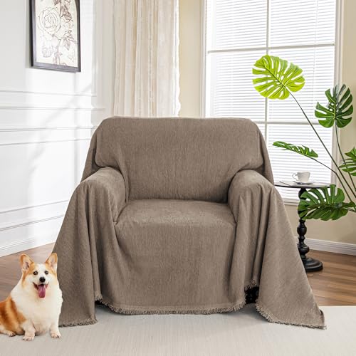MYSKY HOME Chair Couch Cover Sectional Couch Covers for Pet Sofa Covers Non Slip Soft Couch Sofa Cover, Washable Furniture Protector Sofa Slipcover with Tassel Sofa Throws Living Room, 71"x91", Sand