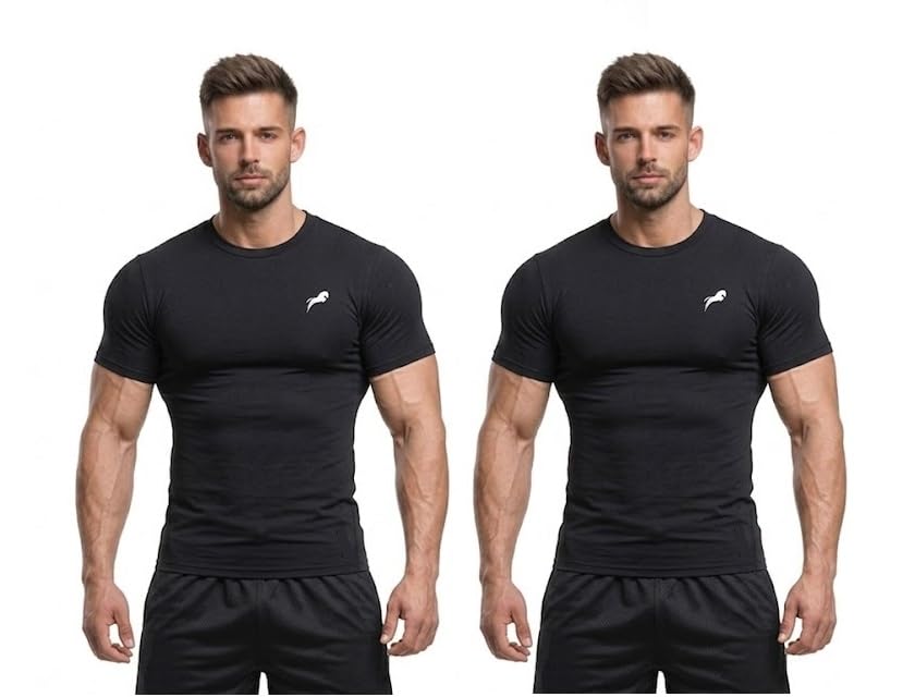 Image of JUST RIDER Gym T Shirts for Men Workout Men's Black Slim Fit Compression T-Shirt, Short Sleeve, Gym Workout Athletic Top