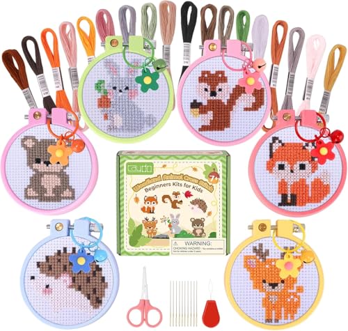 Caydo 6 Pieces Cross Stitch Kit for Kids Embroidery Kits with Woodland Animal Patterns Needlepoint Kit Kids with Instructions for DIY Key Chain Backpack Charms Ornaments and Needle Craft