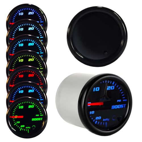 Nrkiscy Tinted 7 Color Turbo Boost/Vacuum Gauge Kit 30 PSI 2 1/16(52mm) Includes Mechanical Hose T-Fitting Wiring Multi Color Display White Housing Black Dial Smoked Lens for Car Truck