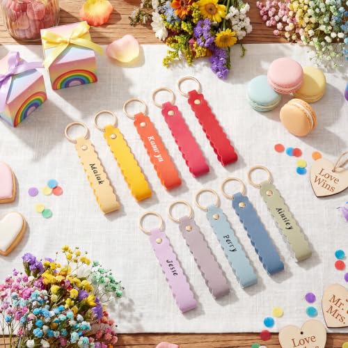 Image of Scalloped PU Leather Keychain Blanks Laser Engraving Blanks Loop Keychain Kit with Key Ring for DIY