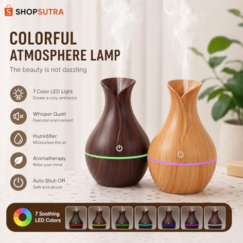 Image of Aroma Diffuser with LED Light - USB Powered Tabletop Mist Humidifier for Desk and Bedside Use (Pot Wood Aroma Diffuser)