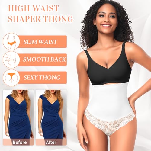 Image of Werena Tummy Control Thong Shapewear for Women Mid High Waisted Body Shaper Underwear Lace Shaping Thong Girdle Panties