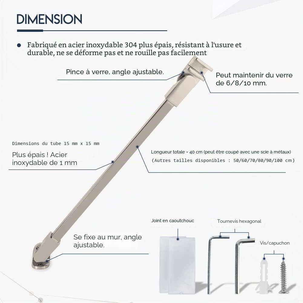 40 cm en acier inoxydable sans cadre Porte de douche Panneau fixe Wall-to-glass Barre de support pour 6mm 8mm 10mm en verre épais M-home