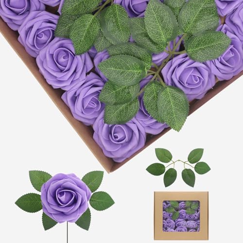 YEHLIABO 100PCS Purple Artificial Flowers Real Looking Foam Fake Roses, Rose Artificial Wedding Flowers Combo for Wedding Bouquets Centerpieces Flower Arrangements Decorations (Purple, 100)