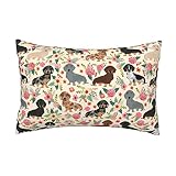 Dachshund Dogs Pink Flowers Pillowcase with Hidden Zipper Microfiber Pillow Cover Queen Size 20"x 30