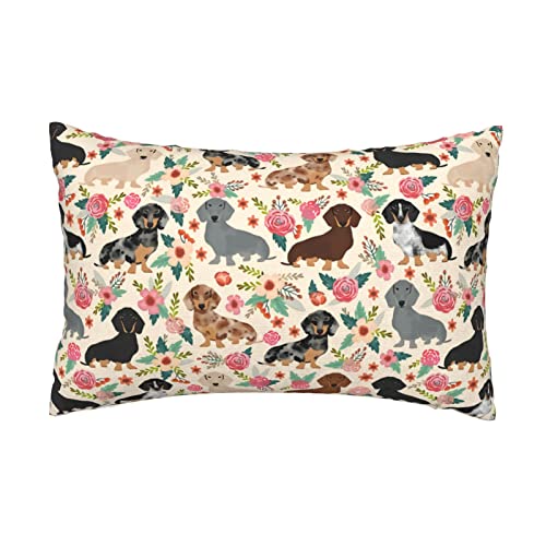 Dachshund Dogs Pink Flowers Pillowcase With Hidden Zipper Microfiber Pillow Cover Queen Size 20"X 30", Breathable And Ultra Soft For Sofa Bed Sleeping #TOP4