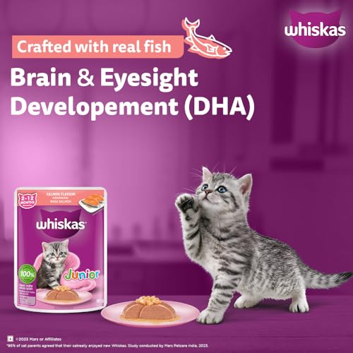 Image of Whiskas Junior Kitten (2-12 Months) Wet Cat Food, Salmon in Jelly Flavour, 80 g (Pack of 28), Hydrating Food Made with Real Fish, 100% Complete & Balanced Nutrition for Kittens