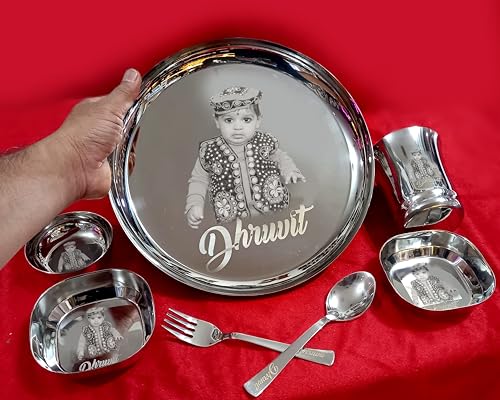 Image of Customised /Laser Photo Print Stainless Steel Round Lunch & Dinner Set for Kids Dinner Plate (7 Piece Set) (Big Thali Set)