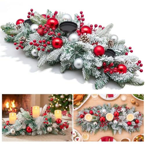 Hotop Christmas Centerpieces for Tables Decorations with 3 Candle Holder