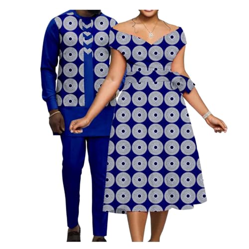 African Sexy V-neck Dresses with Belt for Women Matching Couple Outfits Dashiki Men Clothes Shirt and Pant Sets - Main Image