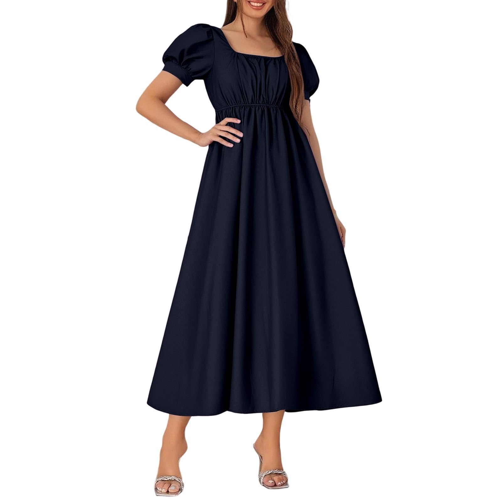 Women Medieval Victorian High Waist Retro Regency Dresswomen'S Satin Ruffled Puff Sleeve Waist Dress Victorian Tea Party Gown with Ribbon Tie Ideal for Costume Parties Halloween Navy — image 1