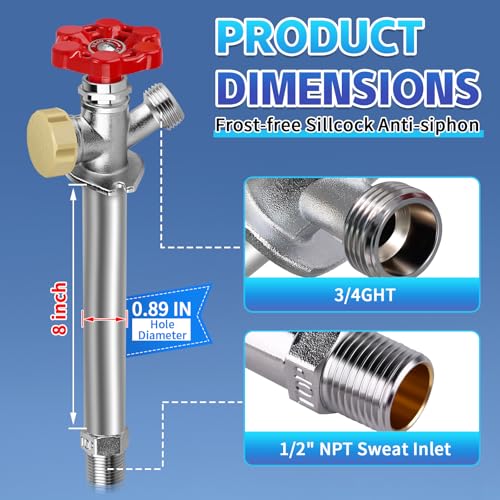 Boltigen 8inch Anti-Siphon Frost Free Sillcock Valve, No Lead Brass Freeze Proof Outdoor Water Faucet, 1/2" NPT X 3/4'' GHT Hose Bib Frost Free Outside Spigot - Image 3