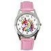 Taport® - Montre E1 à quartz avec motif de licorne sur le cadran et bracelet en cuir rose + batterie de rechange