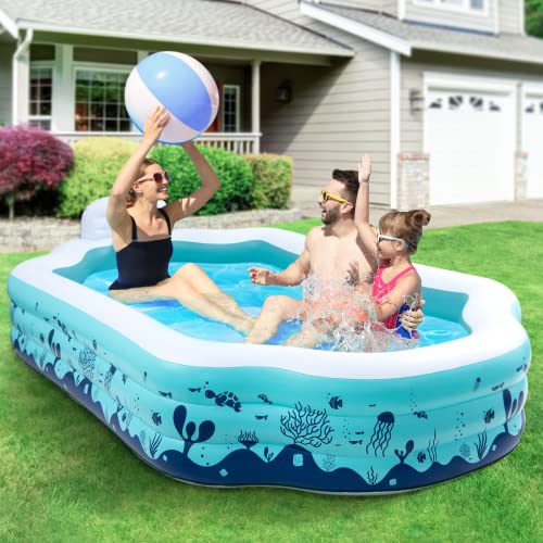 Vanku Planschbecken Für Kinder 310 x 180 x 76 cm Groß, Aufblasbarer Pool 1870 Liter Familienpool Mit Sitz Rückenlehne, Pool Aufblasbar Mit Drainagerohr Für Familien Erwachsene Garten Balkon Cover