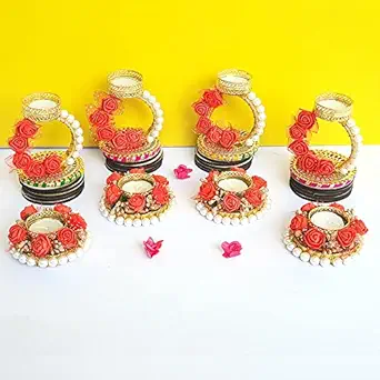 Gift Jaipur Diwali Decorative Moti Diyas Red Set of 8 Handmade Tea Light Candle Designer Standing Diyas- Deepak, Candles, Home Decoration Tea Light Wax for puja Festival Decor (Red)