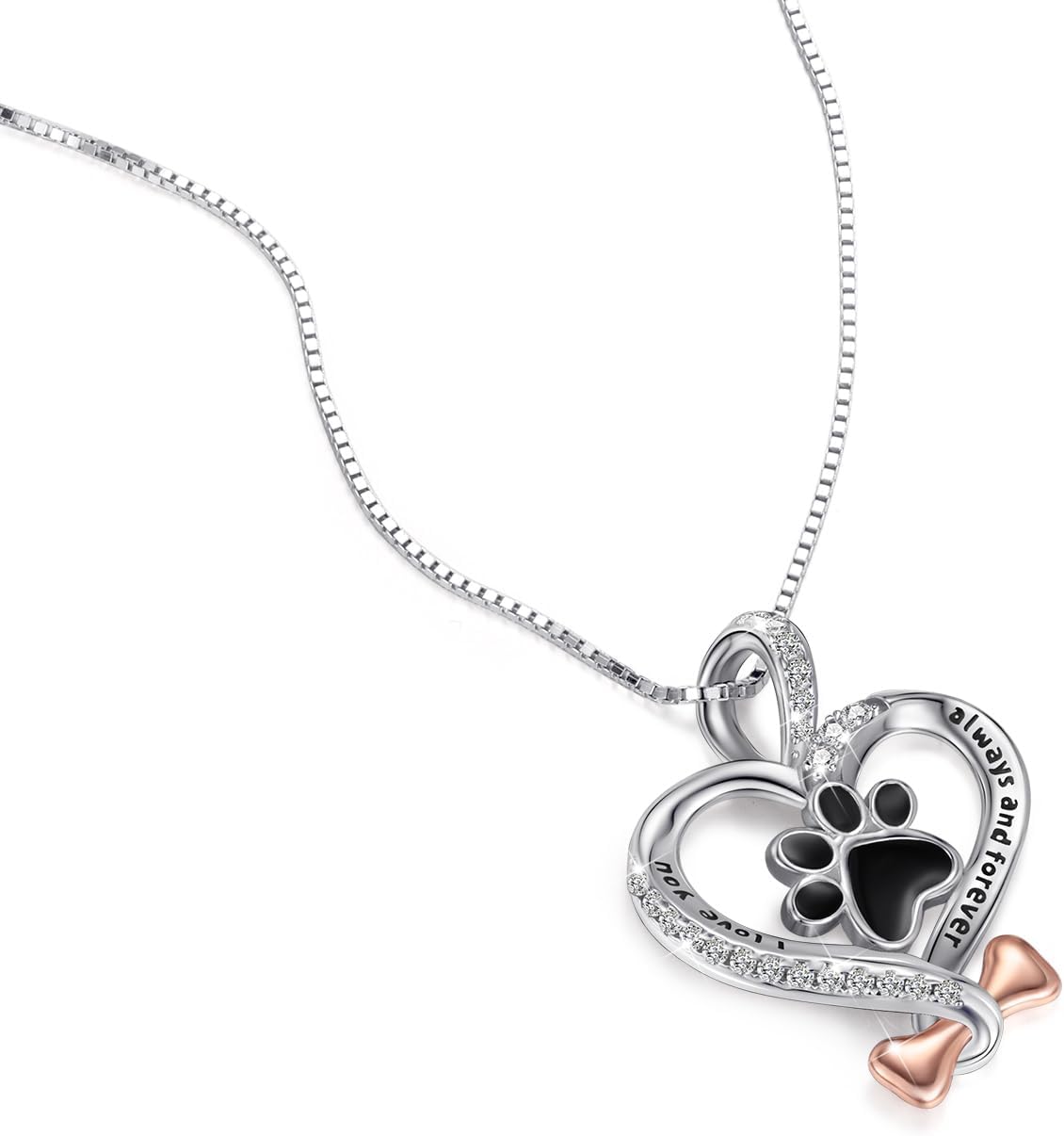 VANLAMS Womens 925 Sterling Silver Bone Love Heart Dog Paw Print Pendant Necklace I Love You Forever and Ever, Gifts for Dog Owner - Image 2
