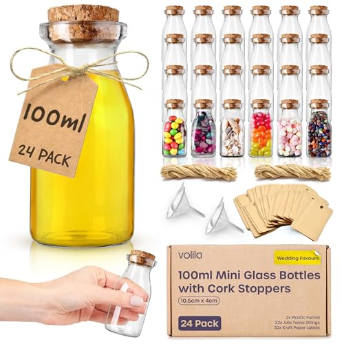 volila Botes Cristal Pequeños de 100ml - Paquete de 24 Mini Botellas de Cristal, Tarros de Cristal con Tapa Pequeños de Corcho - Botellitas de Cristal Pequeñas para Regalos o Recuerdos de Boda volila Botes Cristal Pequeños de 100ml - Paquete de 24 Mini Botellas de Cristal, Tarros de Cristal con Tapa Pequeños de Corcho - Botellitas de Cristal Pequeñas para Regalos o Recuerdos de Boda