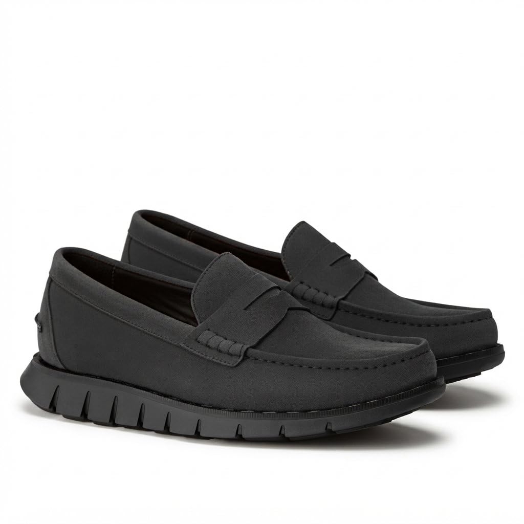 Evarado Men’s Penny Loafers, Grey Suede, Black Hybrid Rubber Sole-image-29