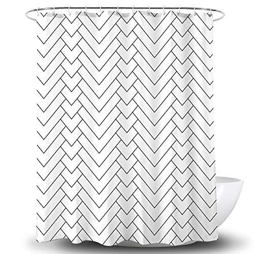 DeKeLaiFu DeKeLaiFucbwch002-15 Rideau de douche en tissu à motif géométrique à chevrons simple et moderne à rayures, imperméable et lavable, 150 x 180 cm, Blanc/Noir Cover