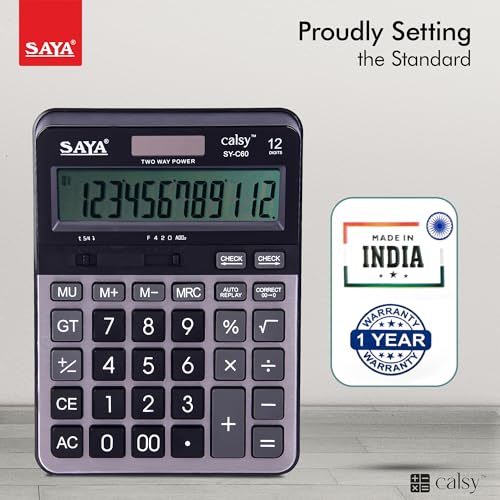 Image of Saya Premium Desktop Calculator | 12-Digit Display, Dual Power, Check & Correct Function, Metal Face Plate | Ergonomic Design for Office & Business Use | 3-Year Warranty