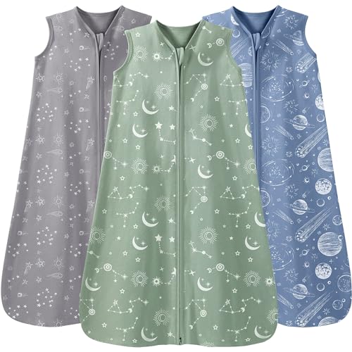 Image of Unnivoll Baby Sleep Sack 6-12 Months 3 Pack 100% Cotton Lightweight 0.5 TOG Wearable Blanket Baby Sleep Bag with 2-Way Zipper for Newborn Infant