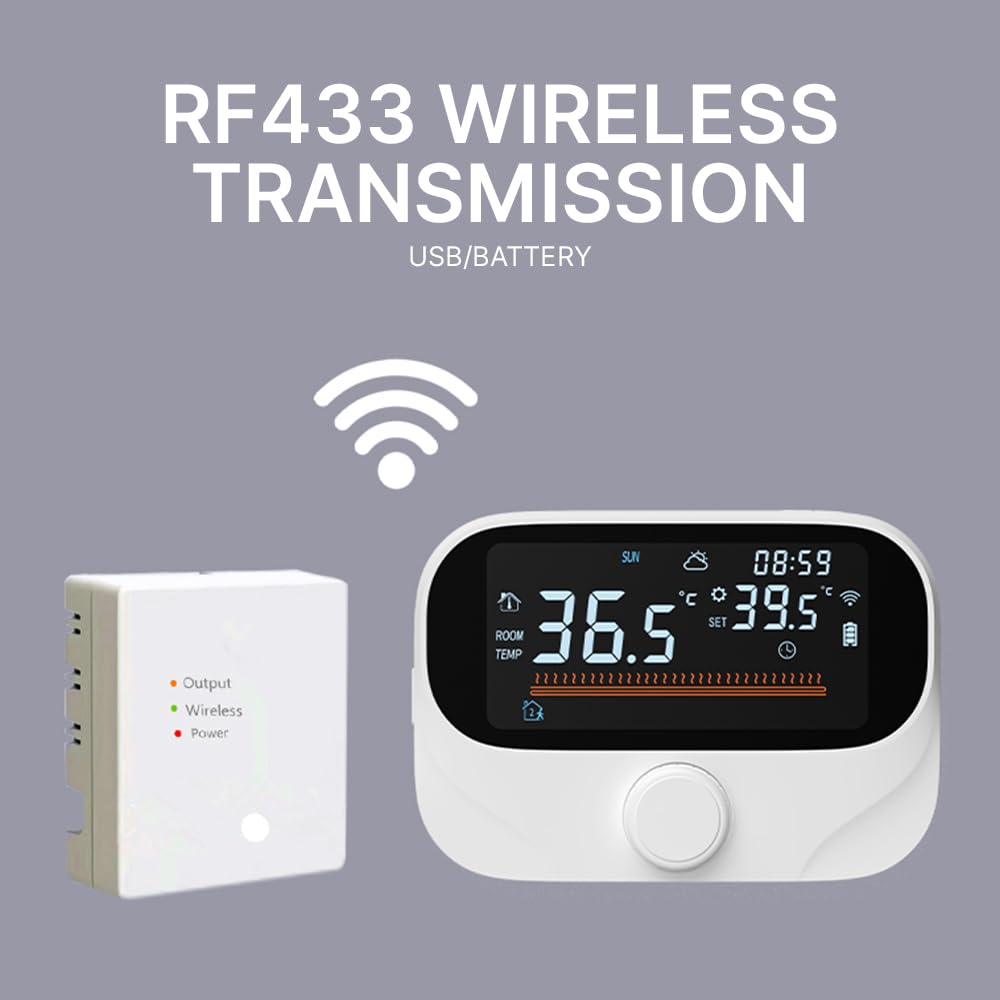 Termostato Intelligente per Riscaldamento Caldaia, RF433 980ft Wireless con Controllo Vocale APP, Touch Screen LED Programmabile IP20 Resistente all'Acqua USB Alimentato