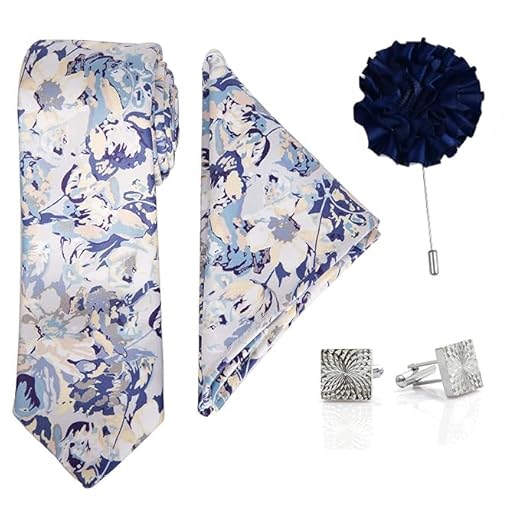 To The Nines Men's Blue Satin Tie, Pocket Square, Cufflinks & Lapel Pin
