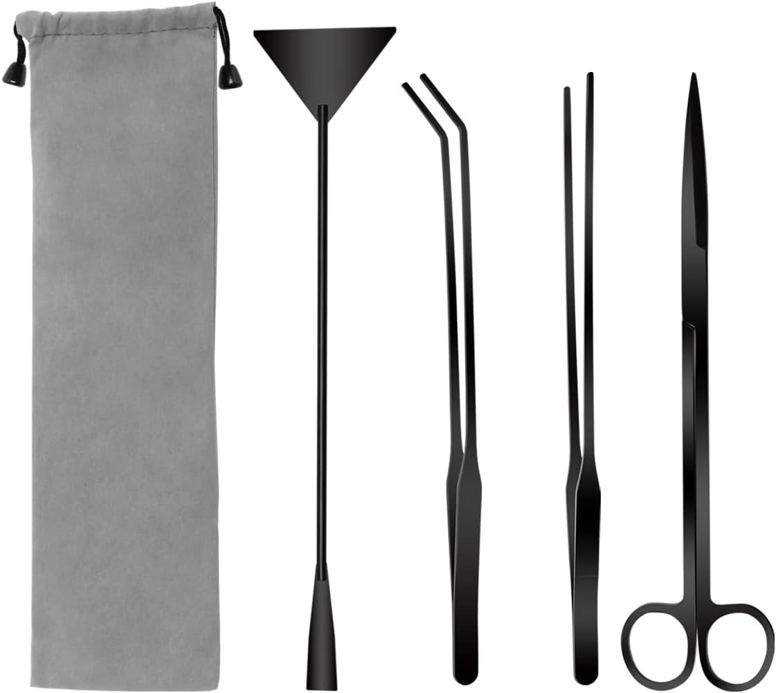 Quarium Aquascape Tools Kits, 4 in 1 Anti-Rust Aquatic Plant Aquascaping Tool Stainless Steel Black Tweezers Scissors Spatula for Aquarium Tank Clean Fish Tank Aquascape Tools Sets (Black)