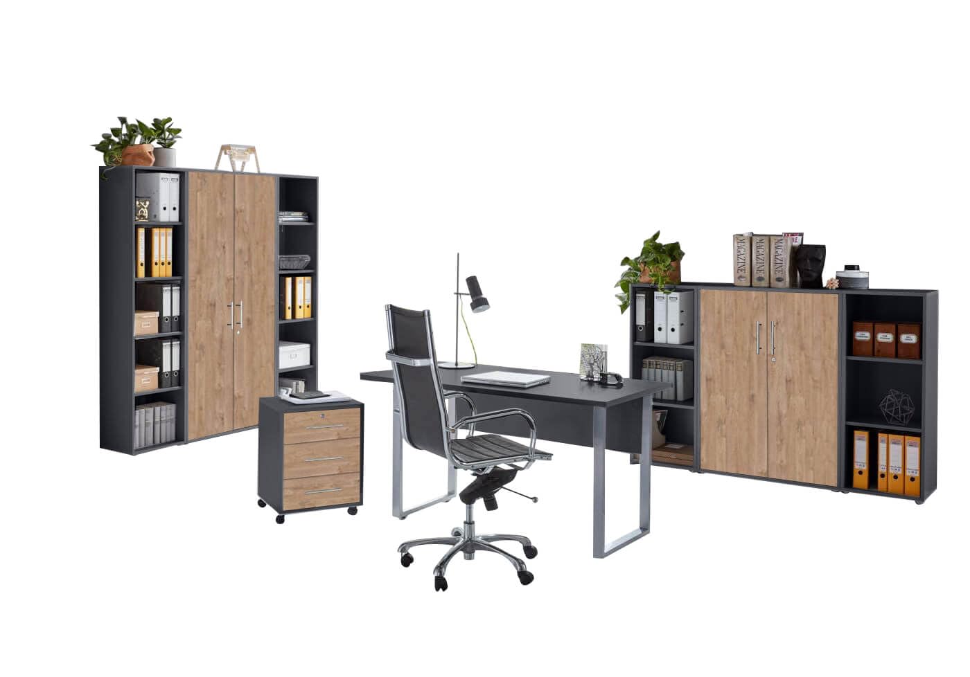 Büromöbel Set TABOR 5 Schreibtisch Rollcontainer Aktenschränke Regal Korpus anthrazit Front Gold Harbor Oak