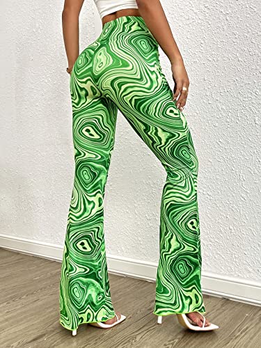 Women's Marble Print Flare Pants Elastic Waist Bell Bottom Trousers2