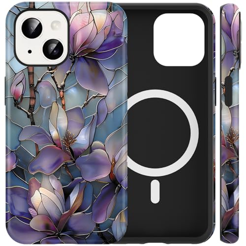 Coque iPhone 14 et 13 motif floral compatible MagSafe violet