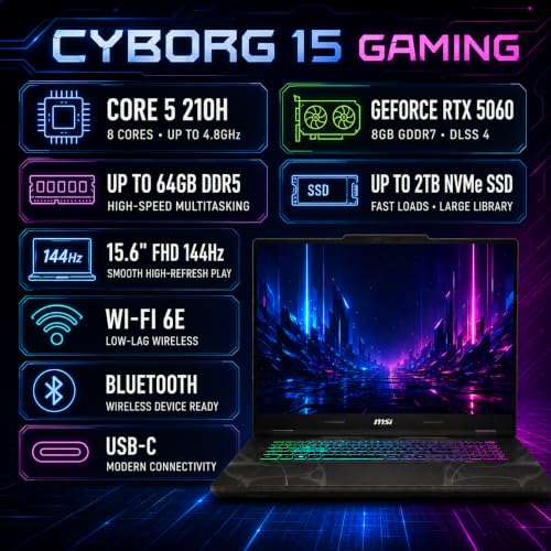 Image of Customized 15.6 inch FHD 144Hz Gaming Laptop, Made with MSI Cyborg 15 Intel Core 5 210H, Geforce RTX 5060, Up to 64GB DDR5 RAM, Up to 4TB SSD, RGB Backlit, Wi-Fi 6E, Translucent Black, Win 11