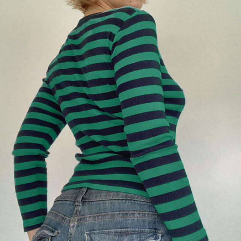 Image of Women Off Shoulder Striped Long Sleeve Top 2026 Fall Going Out Tee Shirts