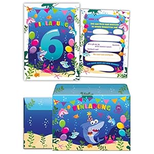 Lot de 12 cartes d’invitation pour le 6ème sixième avec 12 enveloppes pour anniversaire d’enfant fille garçon requin