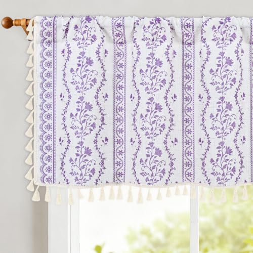 Image of Yinhua Boho Valance Curtains Vintage Linen Kitchen Valances for Windows Light Filtering Bohemian Floral Valance Rod Pocket Tassel Window Valances for Bathroom Cafe, 52 inch W X 18 inch L, White Purple