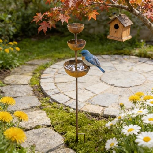 Metal Garden Rain Catcher Ornament,Large Cup 10cm Height 68cm, Metal Garden Ornaments for Outdoor Rainwater Collection Bird Landscape