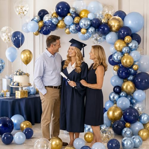 Image of Blue Gold Balloons Garland Arch Kit, Navy Blue Light Blue Metallic Gold Blue Balloon Arch Kit, Macaron Blue Gold Confetti Balloon for Father's Day Dad Birthday Graduation Baby Shower Party Decorations
