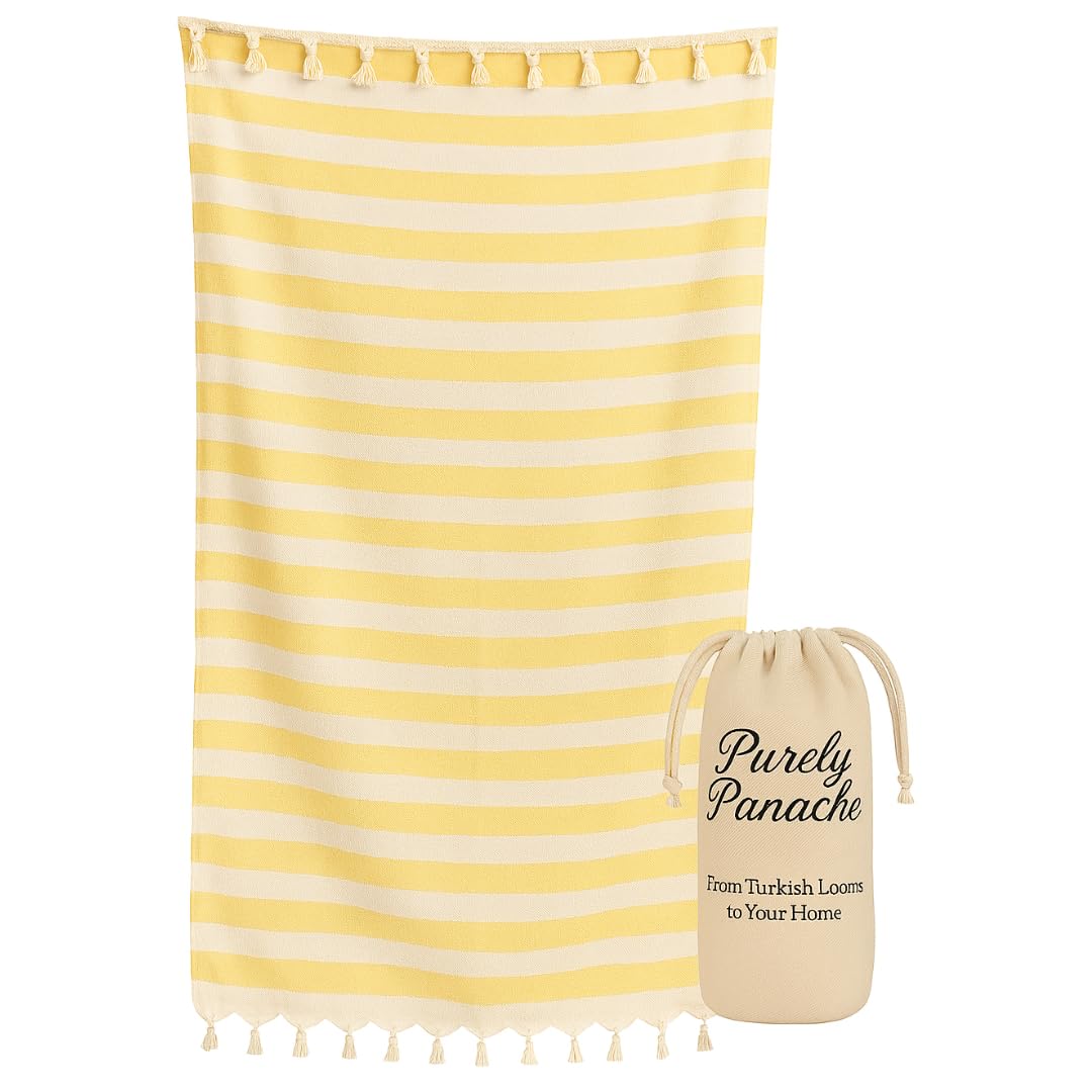 Purely Panache Oversized 100% Turkish Cotton Hammam Peshtemal 100x180cm – Quick Dry, Lightweight Bath, Spa & Travel Towel – Prewashed Thin Turkish Blanket with Carry Bag (Yellow - White Stripe)