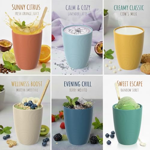 Image of Wheat Straw Small Cups Set of 6, 12 OZ Plastic Kids Cups, Colorful | Reusable Plastic Drinking Glasses for Latte & Coffee - Unbreakable Drinkware for Camping