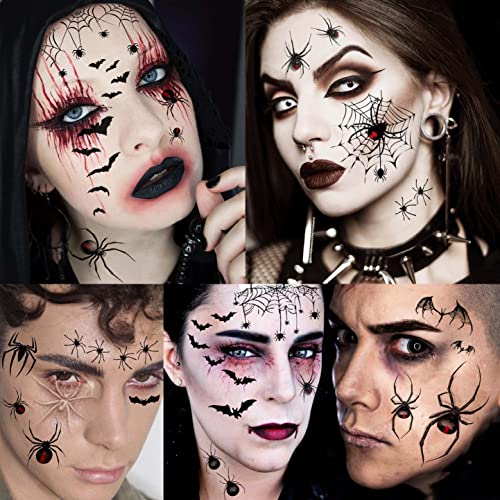 Image of VANTATY 9 Sheets Halloween Spider Web Face Tattoo Stickers, Bat Half Arm Temporary Tattoo Sleeve For Women Men Adults Kids, Scary Spiderweb Witch Makeup for Halloween Face Tattoo, Fake Chucky Zombie Makeup Kit
