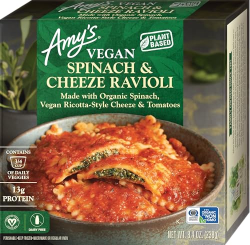 Amy's Vegan Frozen Meal, Spinach and Cheeze (Vegan Cheese) Ravioli Bowl made with Organic Tomatoes and Onions, 8.4oz