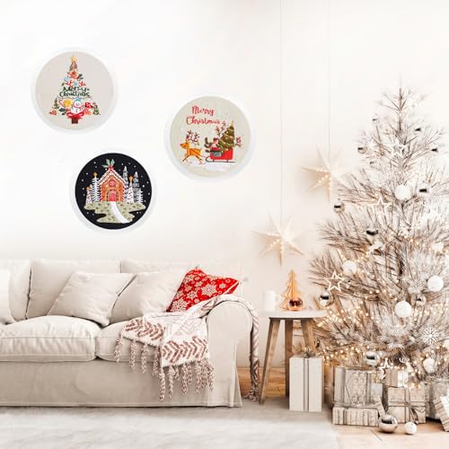 Image of LB Christmas Embroidery Kit for Beginners Adults, 3 Sets Hand Embroidery Starter Kit with Snowman Pattern and Instructions Stamped Cross Stitch Kits Include Embroidery Hoop Needles Threads Scissors