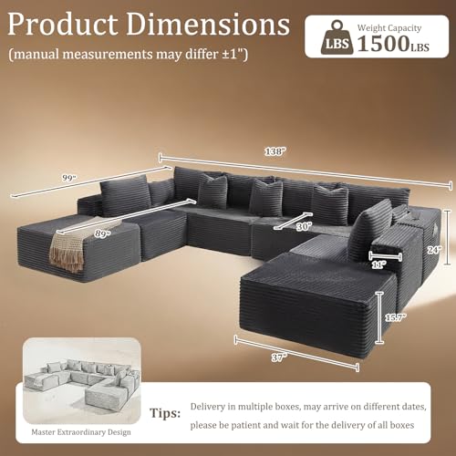 Image of 138 inch Cloud Sectional Couch, Comfort U Shaped Sofa for Living Room, Extra Deep Seats No Assembly, Minimalist Modular Couch, Corduroy (Dark Grey, 8 Seats,U-Shape A)
