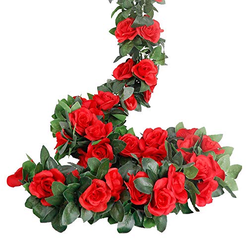 LESING Rose Garlands Artificial Rose Vines,4PCS(28.8FT) Fake Silk Flower Garlands with Greenery Plants