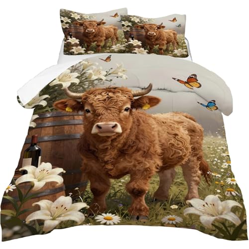 Image of Highland Cow Comforter Set Full Size Wildlife Farmhouse Cow Bedding Sets for Girls Boys Kids Adults Bedroom Decor 3D Kawaii Flower Animal Quilt 1 Comforter 2 Pillowcases