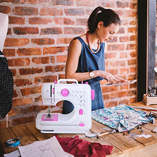 RZChome 12 Stitch Sewing Machine, Portable Household Easy to Use for Beginners Pink Sew 2 Speed with Upgrade